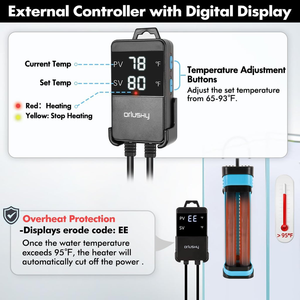 Orlushy 800W Submersible Aquarium Heater, Adjustable Fish Tank Heater with Digital Display External Controller, Overheat Protection and Free Thermometer for 80-175 Gallon Freshwater and Saltwater Tank