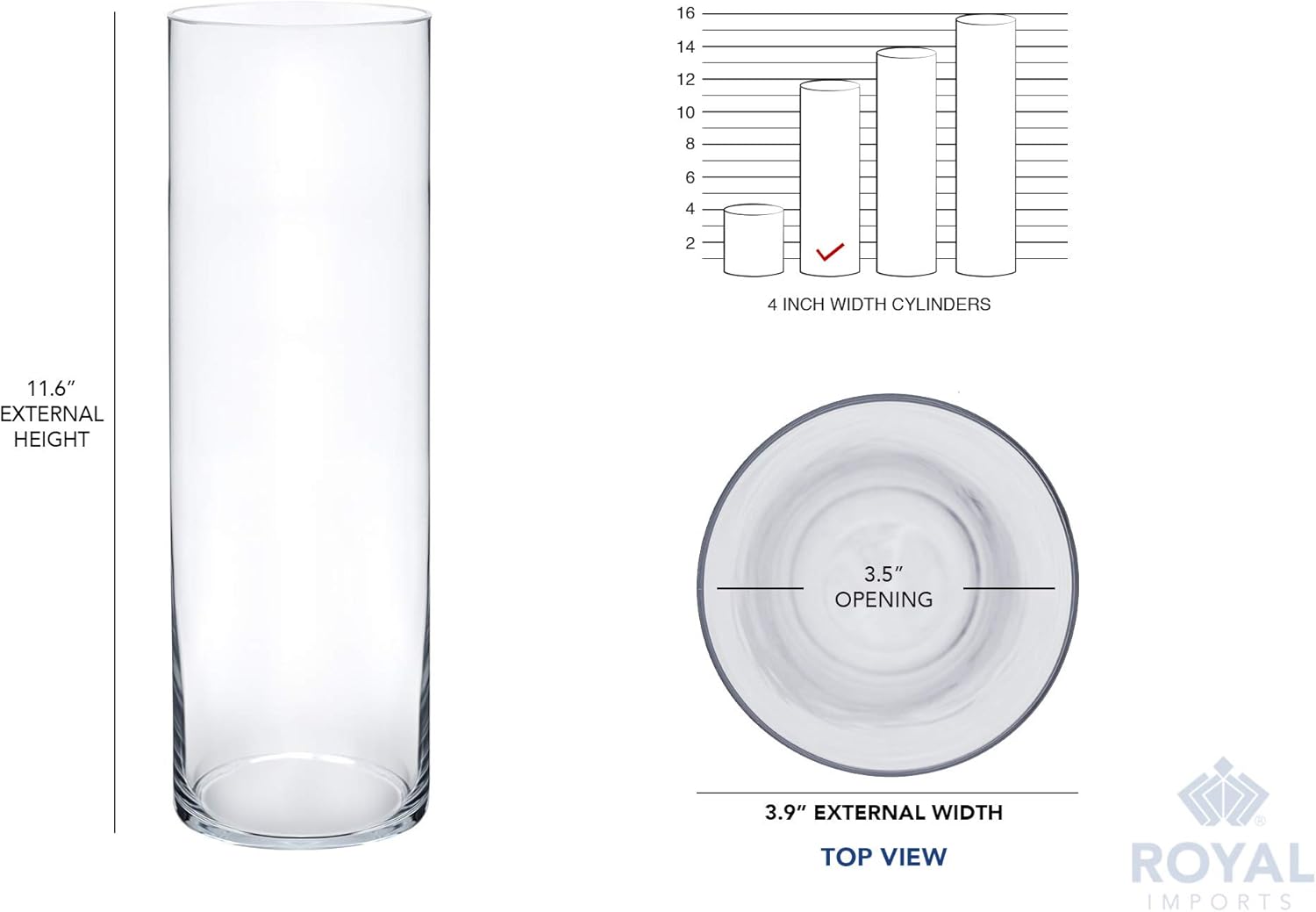 Royal Imports Flower Glass Vase Decorative Centerpiece for Home or Wedding - Cylinder Shape (4" wide x 12" tall, Clear)