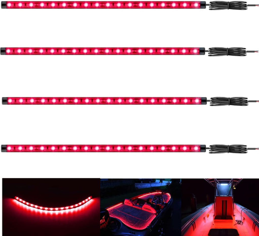 Boat Led Strip Lights, 4 Pcs 24'' Marine Boat Interior Courtesy Deck Navigation Lights, Super Bright Waterproof Marine Led Lights Strip for 12V Pontoon Fishing Boat Yacht Kayak Sailboat (Red)