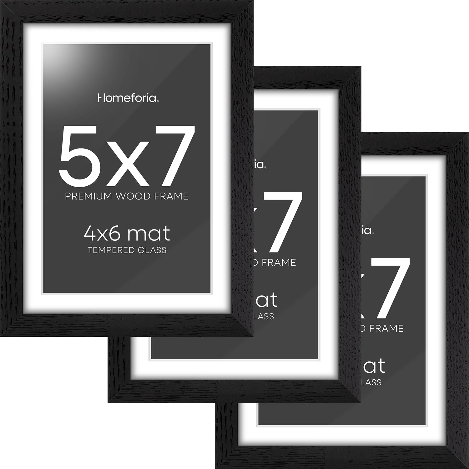 Homeforia 5x7 Picture Frame Black Wood, High End Oak 5by7 Black Wooden Frames with Mat 4x6 Print, 5 x 7 Frame Matted to 4 x 6 inch Photo, 7x5 Wall or Tabletop Frame, Tempered Glass, Wall Kit, Set of 3