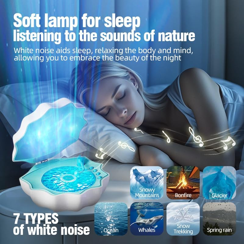 Northern Lights Projector, Night Light Projector for Bedroom Built-in Bluetooth Speaker, White Noise, Shell Night Light for Room Decor/Gift for Kids/Christmas/Music/Relaxation/Birthday (Blue)