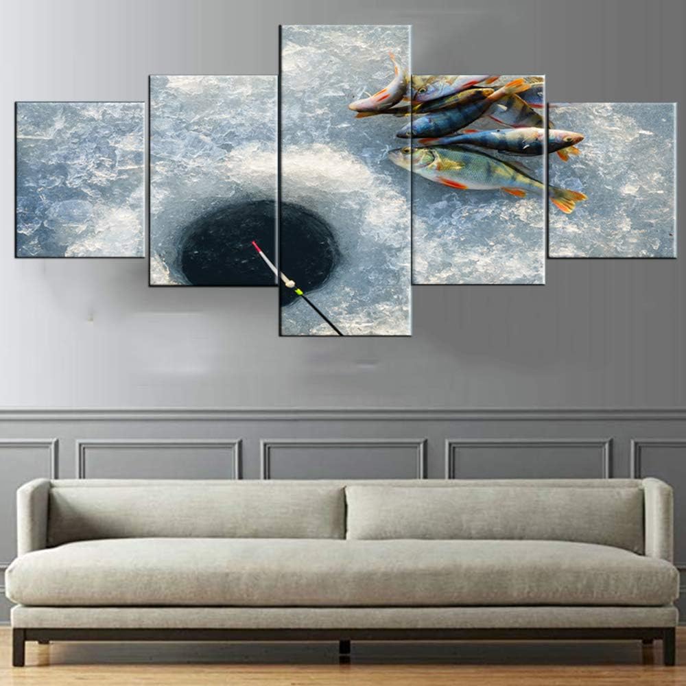 Canvas Pictures Caught Fish on Ice Fishing Wall Art for Living Room 5 Panel White Artwork Modular Abstract Paintings Modern Home Decor Wooden Framed Ready to Hang Posters and Prints(50''W x 24''H)