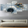 Canvas Pictures Caught Fish on Ice Fishing Wall Art for Living Room 5 Panel White Artwork Modular Abstract Paintings Modern Home Decor Wooden Framed Ready to Hang Posters and Prints(50''W x 24''H)