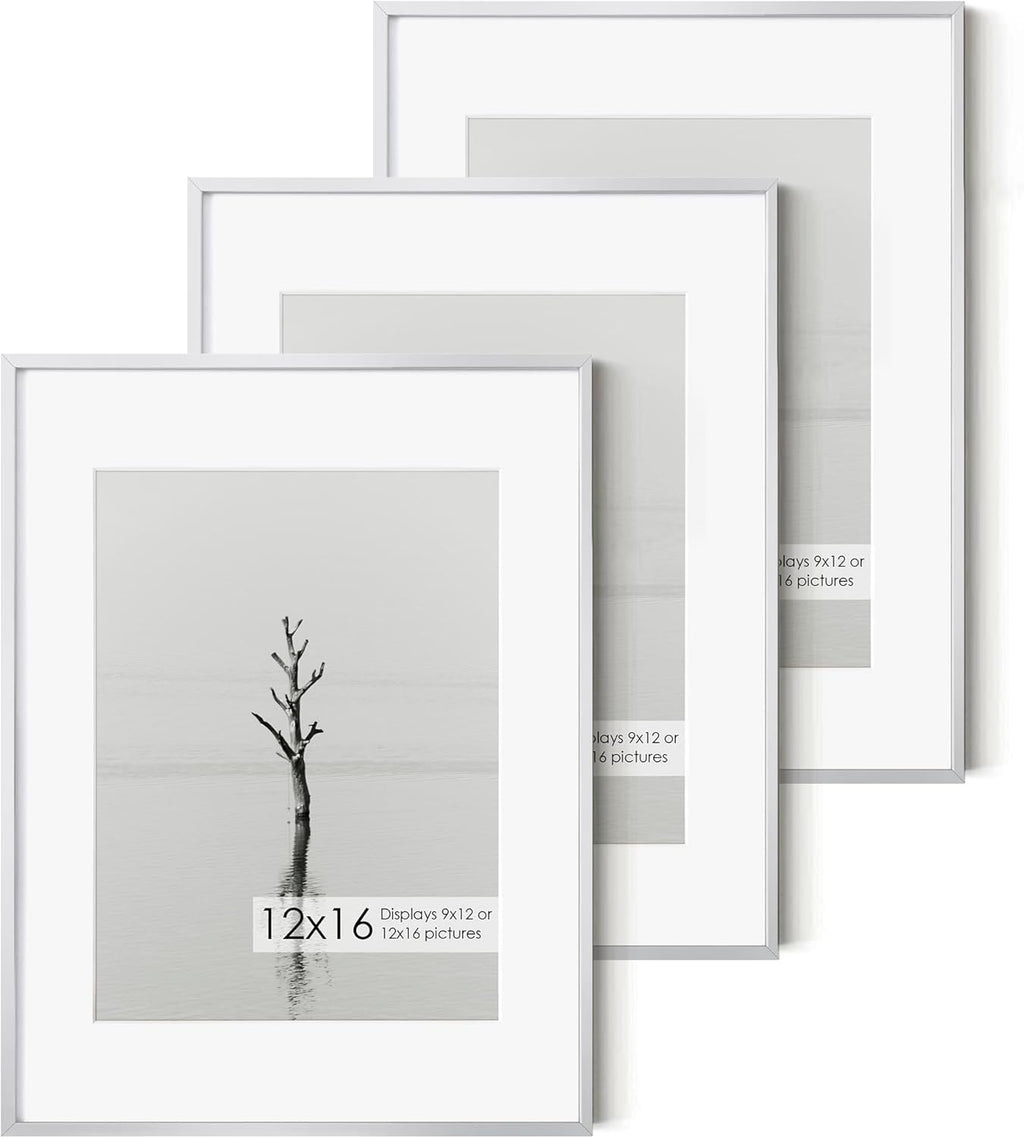 Fun Memories 12x16 Metal Picture Frame -12x16 Aluminum with Shatter-Resistant Glass - Displays 9x12 Photos Mat or Images without Ideal for Home Office Decor(Silver, Pack of 3)