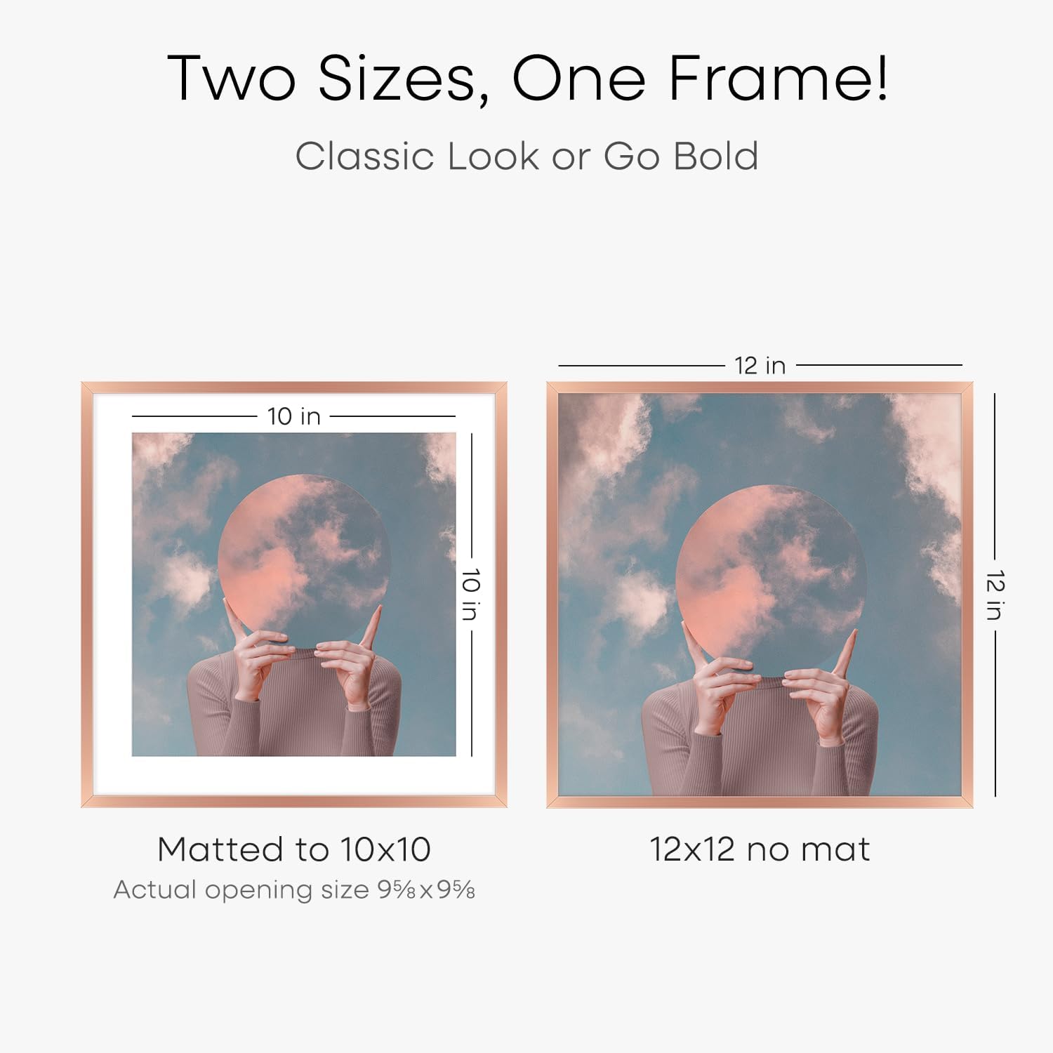 Homeforia 12x12 Picture Frame Rose Gold, High End Metal 12 x 12 Square Poster Frame with Mat 10 x 10 Photo, 12x12 Frame Matted to 10x10 Print, 12by12 Hanging Frames, Tempered Glass, Wall Kit, Set of 2