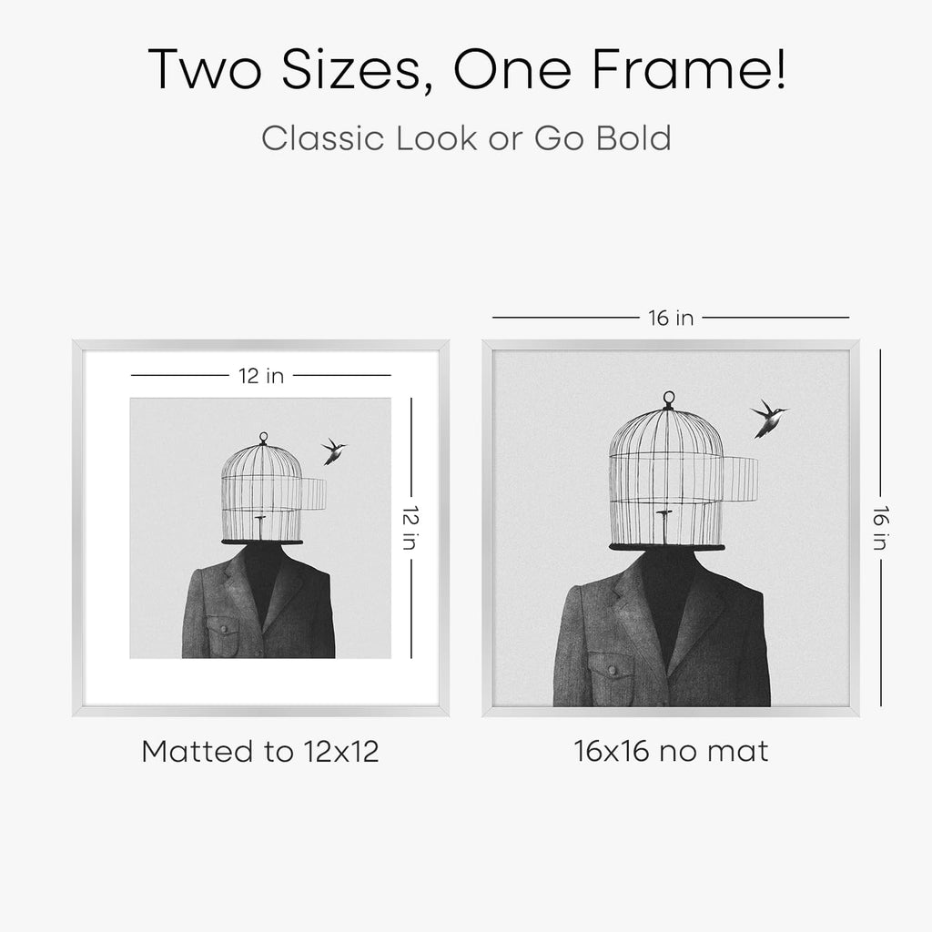 Homeforia 16x16 Silver Picture Frame, High End Metal 16 x 16 Square Frame with Mat 12 x 12 Photo, 16x16 Poster Frames Matted to 12x12 Print, 16 by 16 Hanging Frames, Tempered Glass, Wall Kit, Set of 2