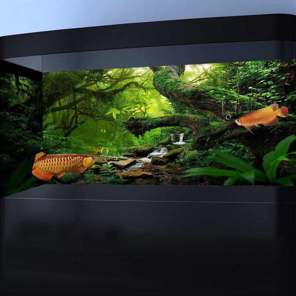 60X24IN Tropical Forest Green Huge Tree Reptile Habitat Aquarium Background, Green Natural Landscape Rainforest Fish Tank Decorations Background, Nature Art Terrarium Background