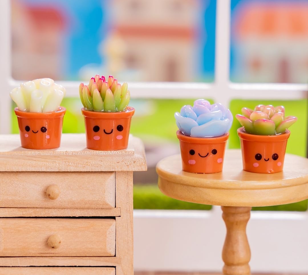 8 Pcs Succulent Planter Mini Resin Figurines with Smiley Face Flowerpots - Tiny Potted Flowers for Dollhouse Accessories, Courtyard, DIY Crafts, Desk, Car & Home Office Decorations