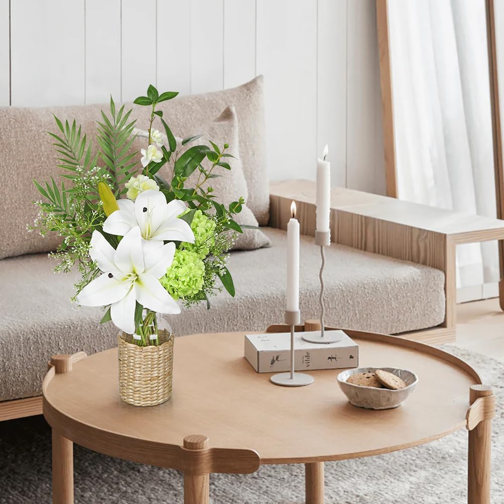 Hollyone Fake Flowers with Vase, Easter Lily Flowers, White Silk Tiger Lily and Hydrangea Artificial Flowers in Vase, Faux Plants and Flowers Arrangement Bouquets for Table Centerpieces Home Decor
