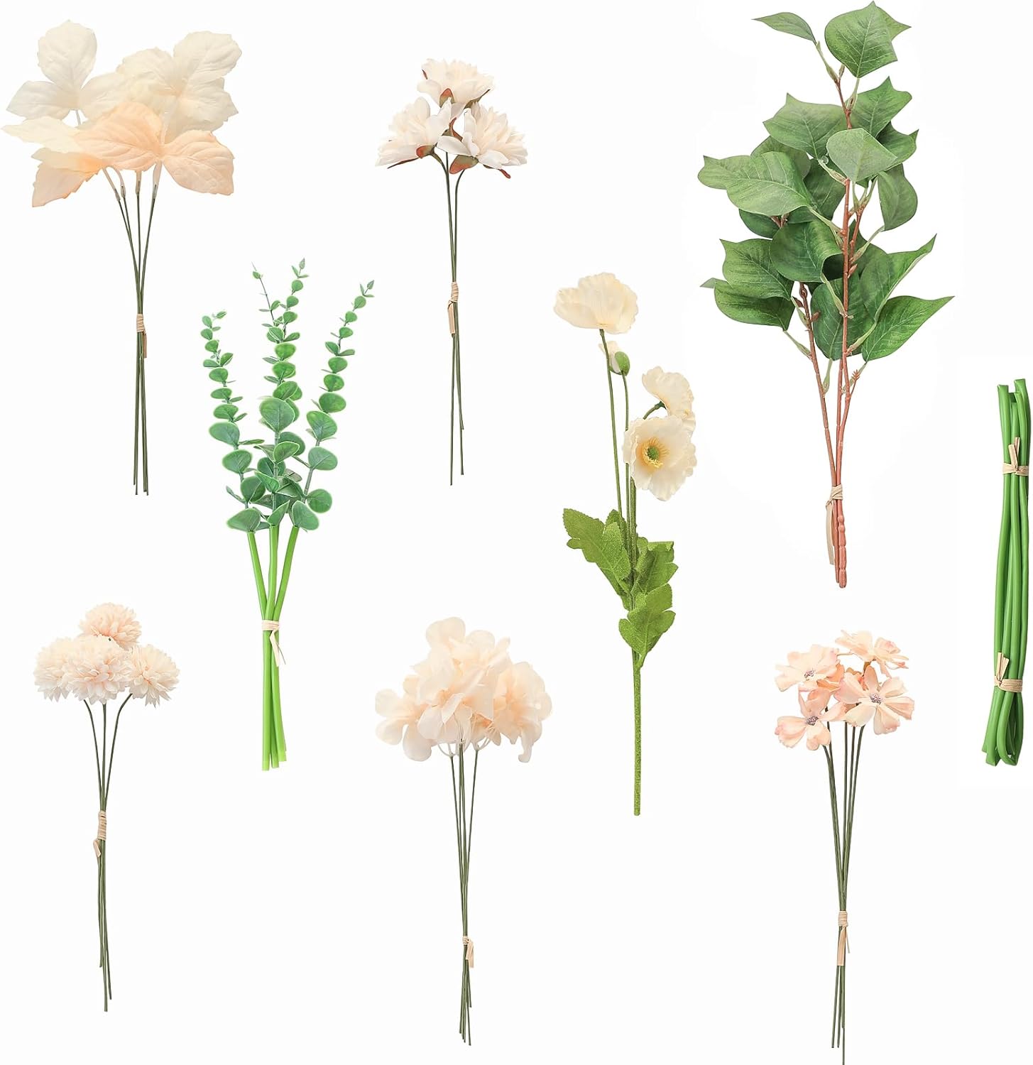 Floroom Artificial Greenery Stems Box Set, 22pcs with 8 Kinds of Faux Greenery Flowers Picks for DIY Bridal Bouquets Wedding Floral Arrangement Table Centerpieces, Green & Cream