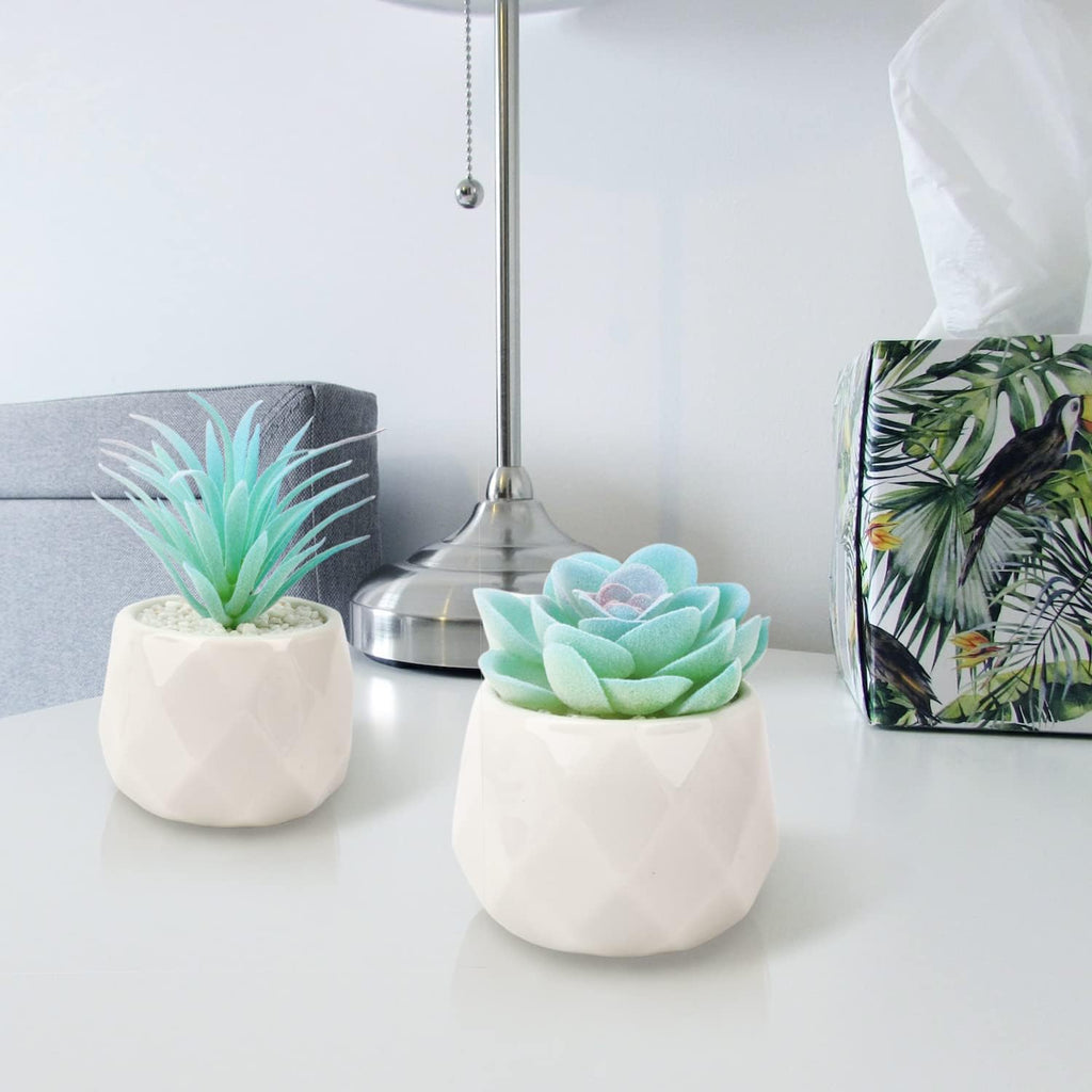 VIVERIE Mini Blue Artificial Succulent in Pots (White Ceramic, 4 Pot Set) Fake Plants for Indoors, Office Decor Blue Christmas for Women, Office Home Decor Gifts-Faux Plant