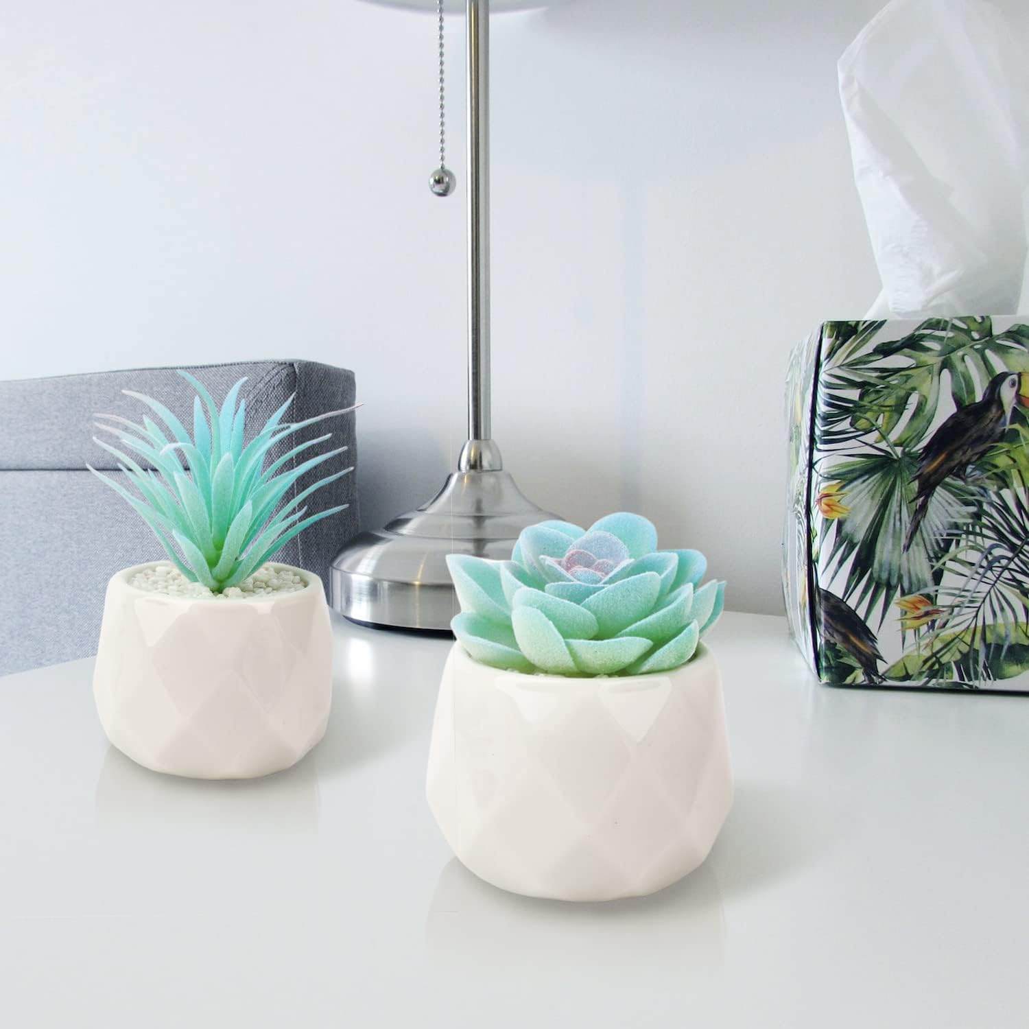 VIVERIE Mini Blue Artificial Succulent in Pots (White Ceramic, 4 Pot Set) Fake Plants for Indoors, Office Decor Blue Christmas for Women, Office Home Decor Gifts-Faux Plant