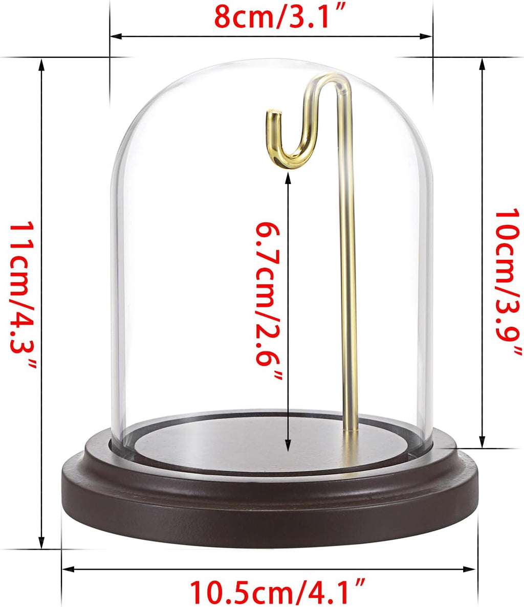 JUXYES Clear Watch Glass Display Dome Cloche With Hook and Wooden Base, Bell Terrarium Jar for Watch Ornaments
