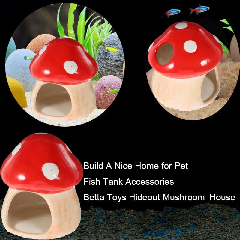 Mushroom Fish Tank Decor, Ceramics Aquarium Shrimp Cave, Betta Hideout Decoration, Cottage Ornament Goldfishes Pleco Cave for Fish Tank Landscape Hideaway Spawning Decor - Red