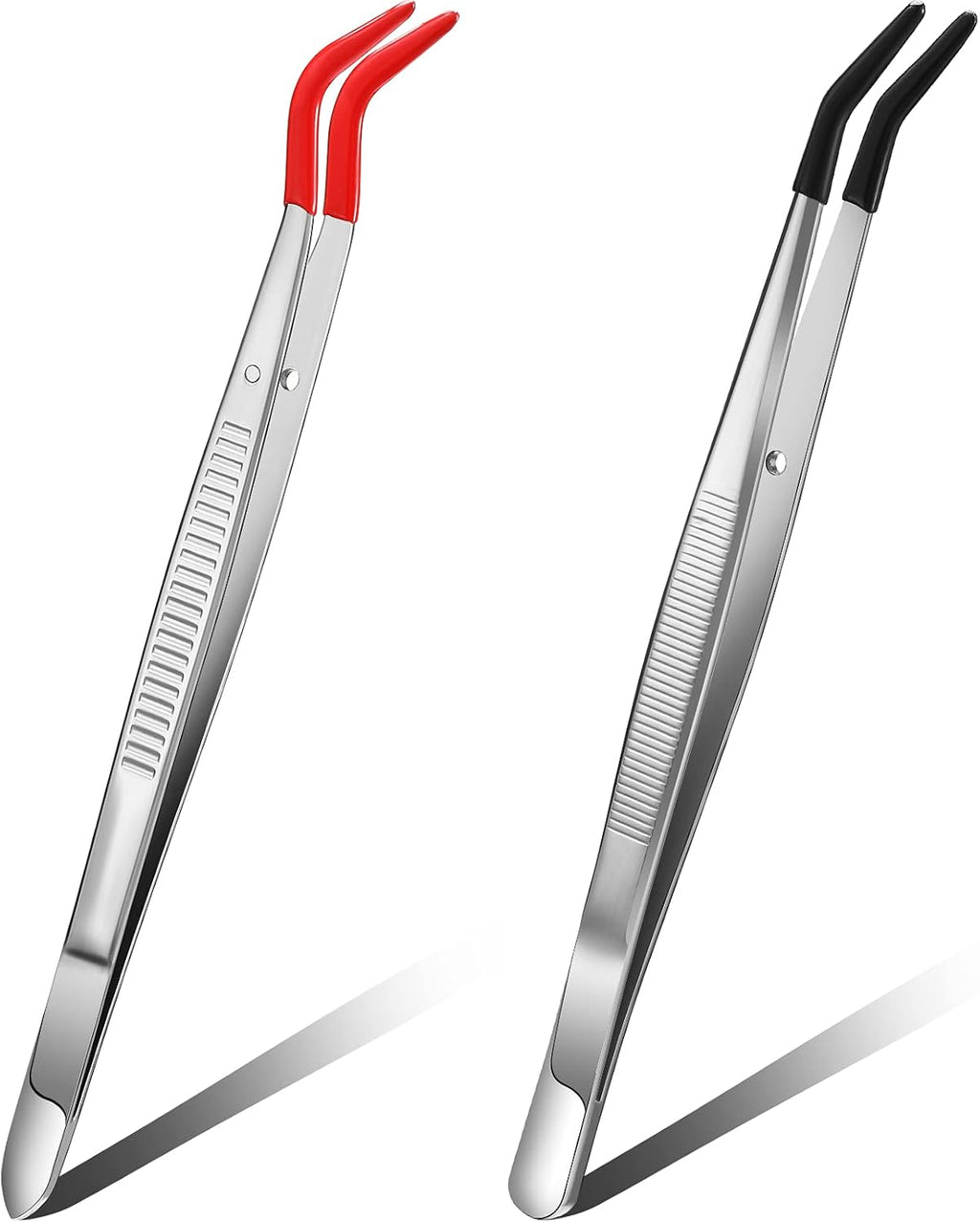 Honoson 2 Pieces Tweezers Curved Bent Tip Tweezers with Rubber Silicone Tips PVC Coated Non Marring Soft Long Rubber Stainless Steel Tools for Jewelry Crafts(Red, Black)