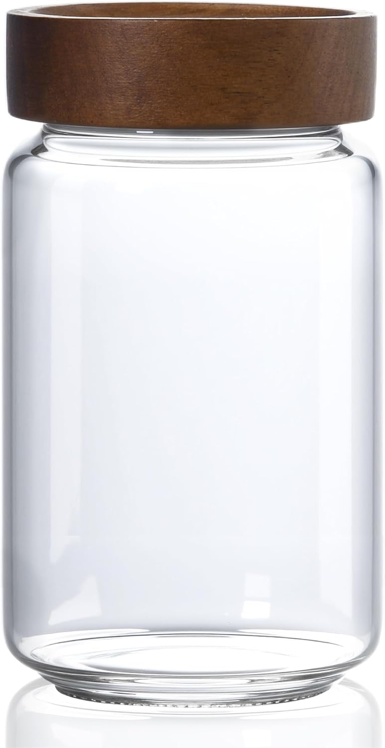 24 fl oz/710 ml Glass Jar with Airtight Wooden Screw Top Lid, Clear Stackable Food Storage Canister, Medium Cute Decorative Glass Container for Coffee, Candy, Cookie, Sugar, Oatmeal, Spice