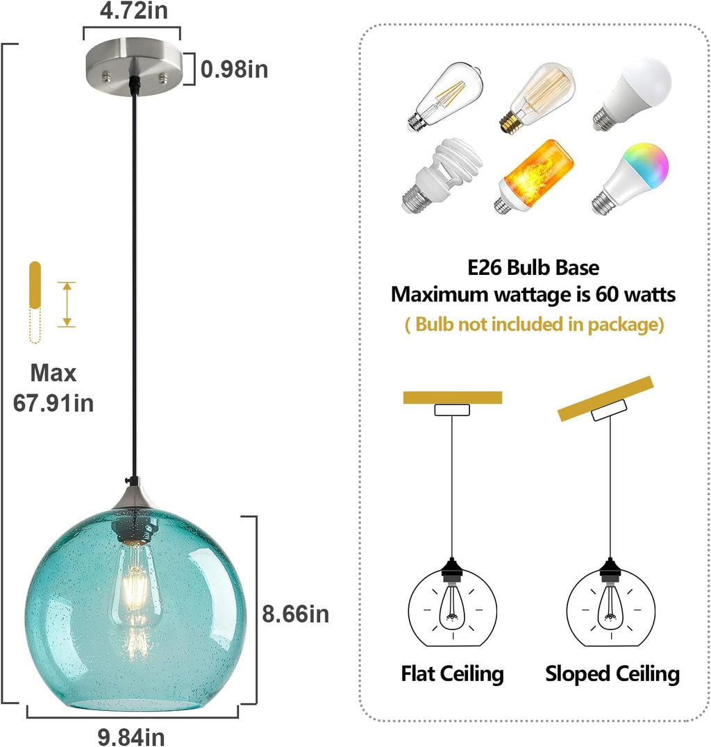 Light Blue Glass Pendant Lights Kitchen Island Globe Pendant Light Fixtures Modern Pendant Lighting for Bedroom Living Dining Room Light Fixture (9.84 in, 3 Pack)