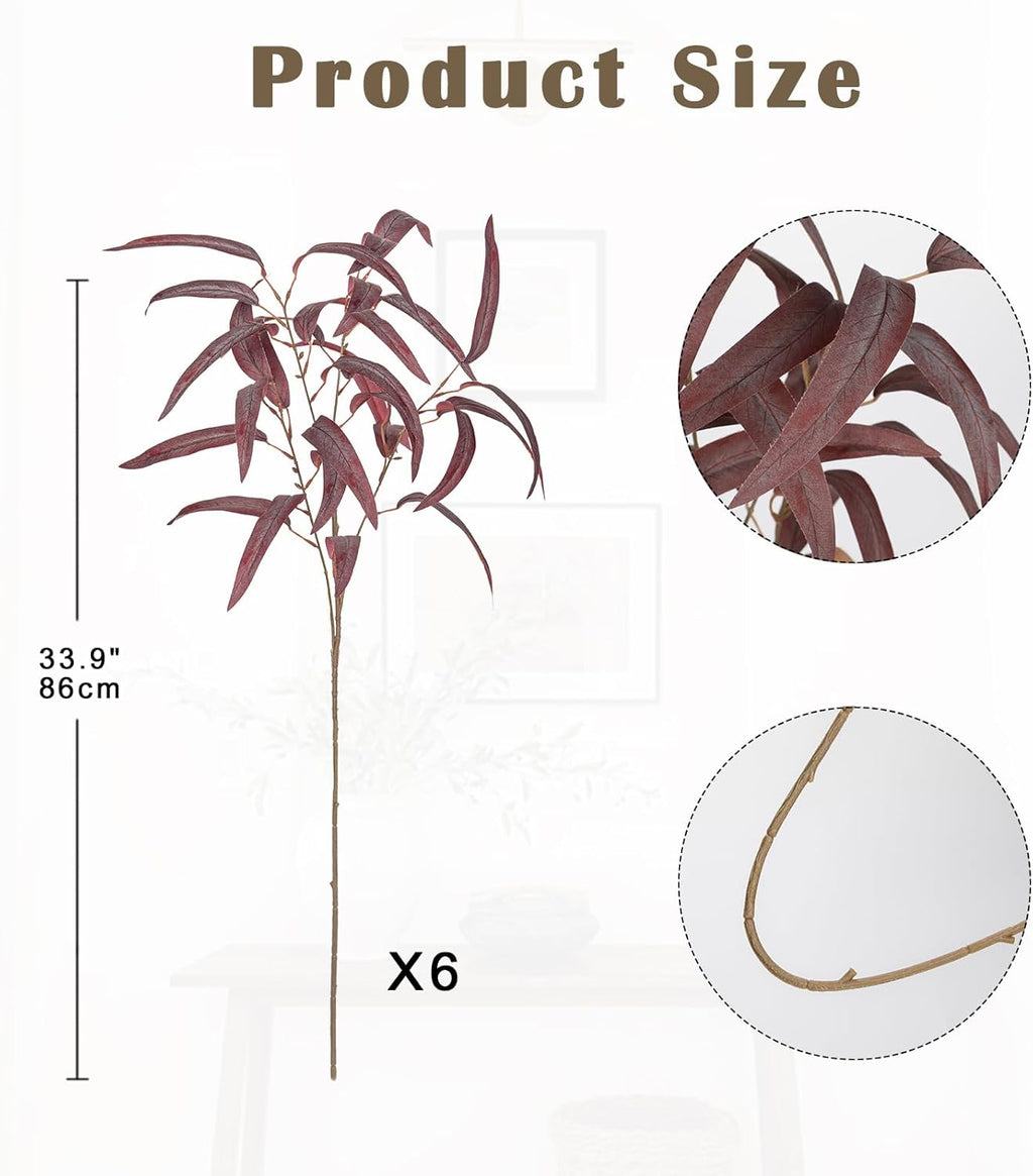 Briful Artificial Eucalyptus Willow Branches 33'' Tall Red Fake Eucalyptus Stems Arrangement, Realistic Faux Greenery Stems, Indoor Plant, Home Housewarming Farmhouse Porch Vase Decor, Set of 6