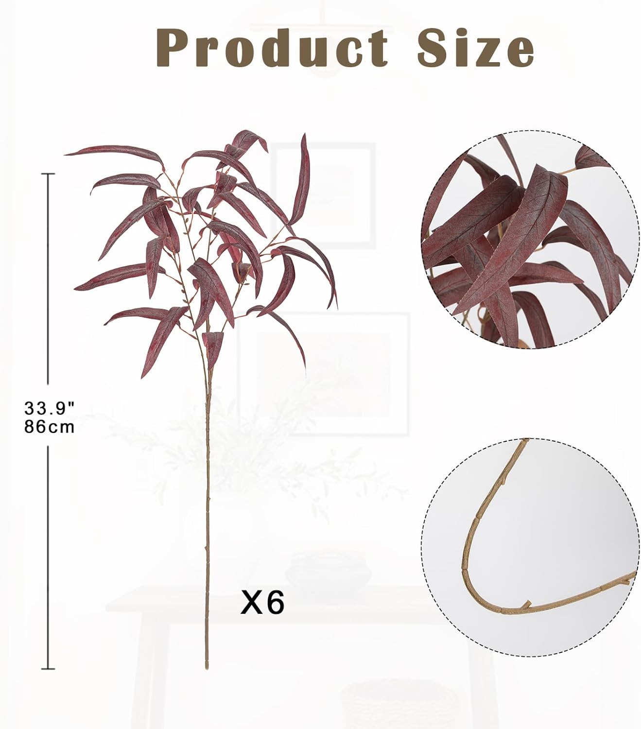 Briful Artificial Eucalyptus Willow Branches 33'' Tall Red Fake Eucalyptus Stems Arrangement, Realistic Faux Greenery Stems, Indoor Plant, Home Housewarming Farmhouse Porch Vase Decor, Set of 6