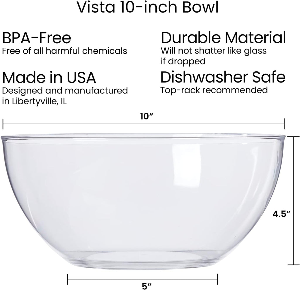 US Acrylic Vista Clear Plastic Salad and Serving 10-inch Bowls | set of 3 | Reusable, BPA-free, Made in the USA | 135 oz. capacity