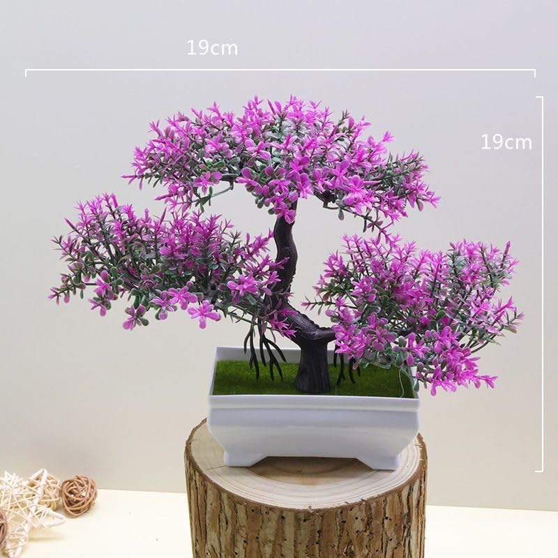 Mini Artificial Bonsai Tree Plants Artificial Plant Welcome Pine Treewith Plastic Cement Pots for Home Office Décor (Magenta)