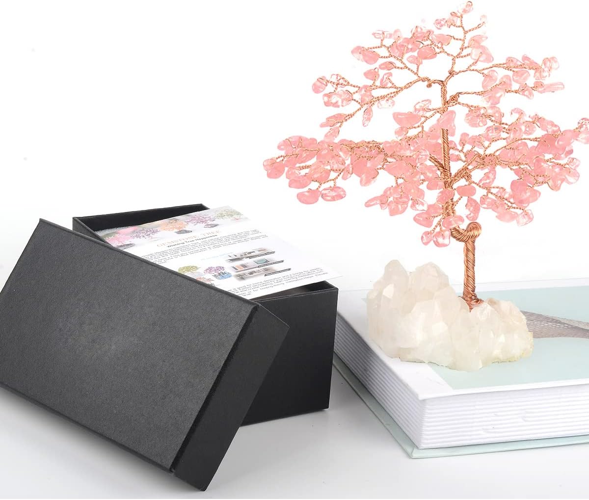 Gemstone Crystal Tree of Life,Natural Rose Quartz Clear Quartz Cluster Base,Healing Crystal Positive Energy Bonsai Feng Shui Money Tree Home Decor for Luck and Wealth 5.5"-6.3"