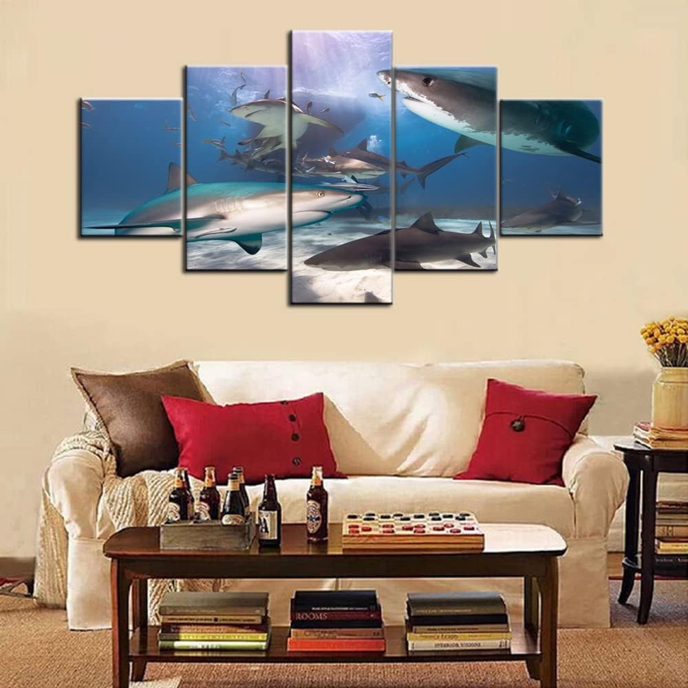 5 Pieces Wall Art Blacktip Reef Shark Paintings Underwater Pictures for Living Room Big Fish Canvas HD Prints Contemporary Artwork Rustic House Decor Giclee Framed Stretched Ready to Hang(60”WX32”H)