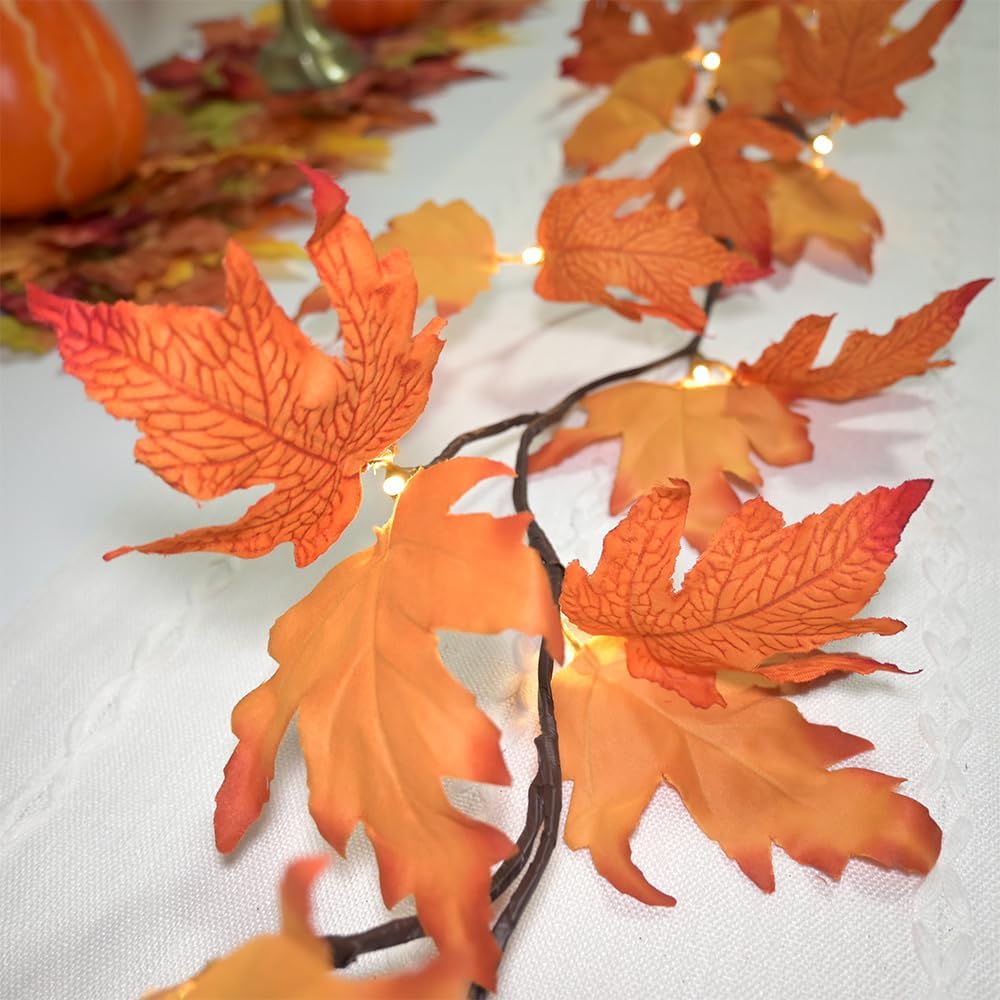 6.56FT Lighted Fall Garland with Lights 24 Warm White LED Battery Operated with Time Maple Leaf Vine Garland Lights Wreath for Mantle Fireplace Door Home Thanksgiving Harvest Decoration Indoor Outdoor