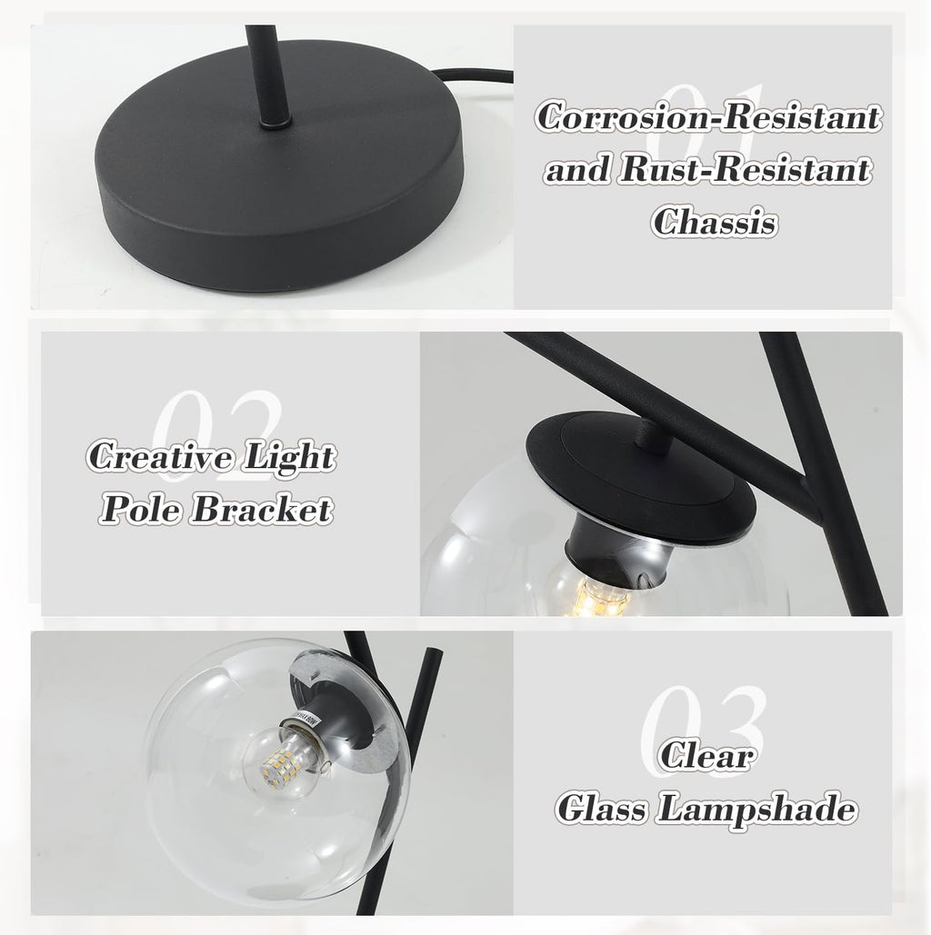 Mid Century Table Lamp Vintage Bedroom Desk Lamp Black Nightstand Lamp Contemporary Clear Glass Globe Bedside Lamp for Office Study Room