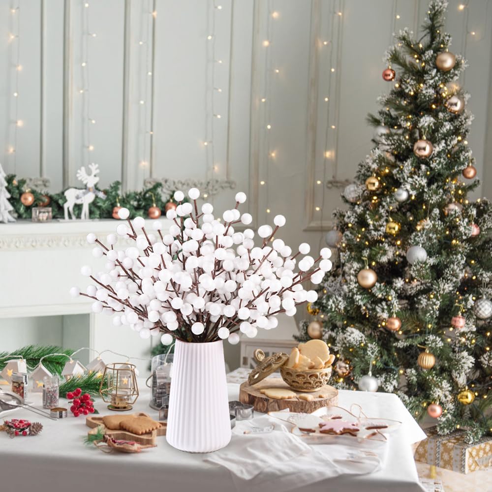 32 Pack Artificial White Berry Stems, Christmas White Berries Picks Holly Berry Branches for Christmas Tree Ornaments Xmas Wreath DIY Crafts Winter Holiday Home Decoration