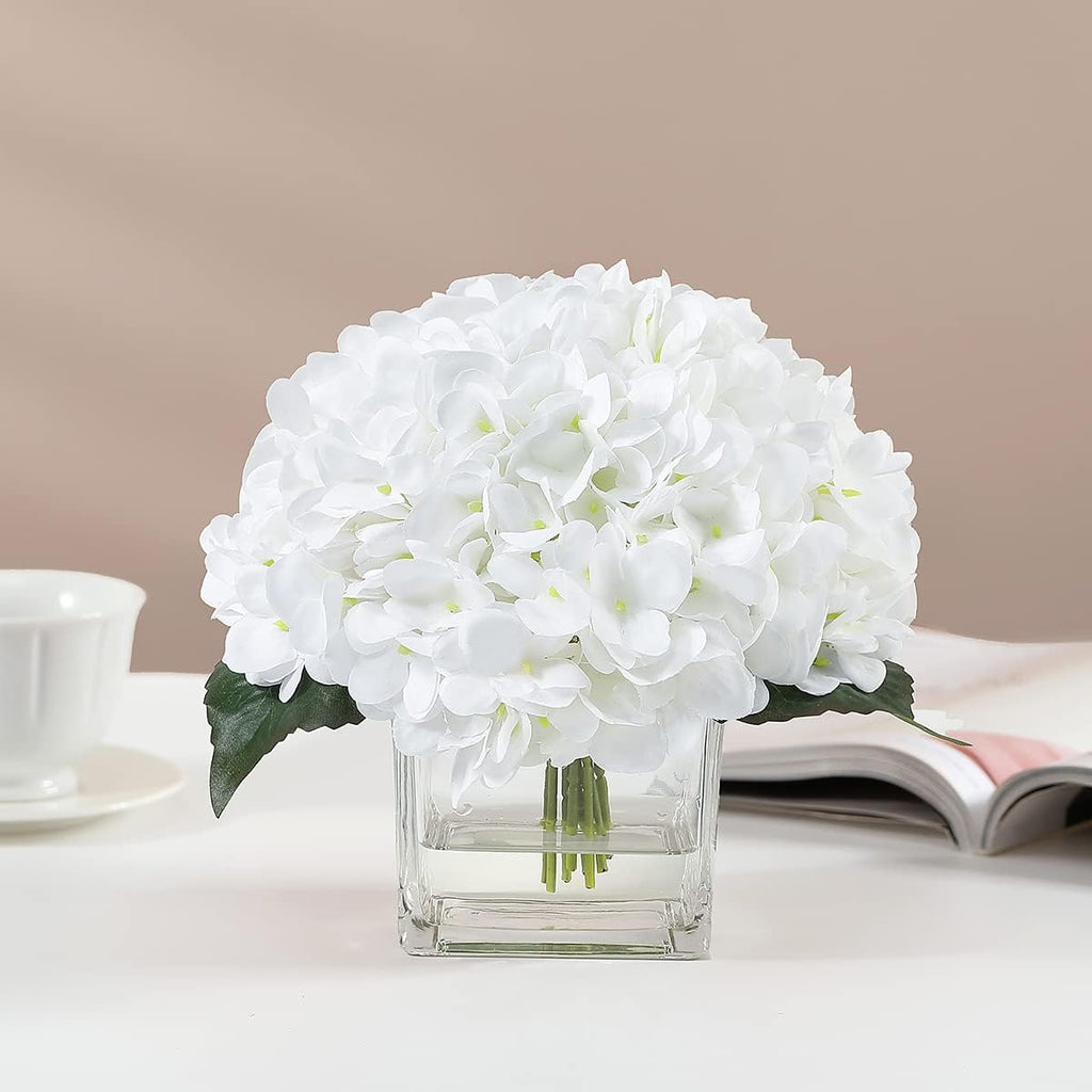 Silk Hydrangea Artificial Flowers in Vase with Faux Water, Silk Flower Arrangements in Vase for Wedding, Dining Table, Living Room (White)