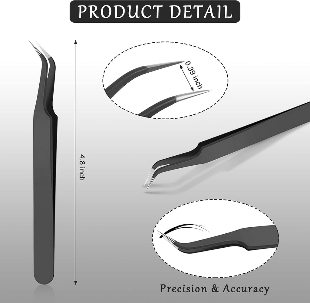 Honoson 9 Pieces Curved Pointed Craft Tweezers Stainless Steel Precision Tweezer with Protective Cover for Rhinestones Dried Flowers Craft Stickers Eyelash Extension Jewelry Making(Black)