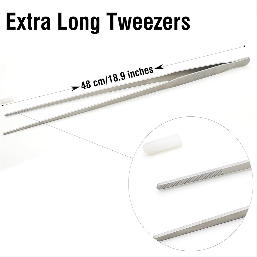 18.9 inch Heavy Duty Extra Long Tweezers for Salt & Fresh Water, Straight 18/8 Stainless Steel Reptile Feeding Tongs for Aquarium & Terrarium, Large Metal Snake Feeding Tweezers