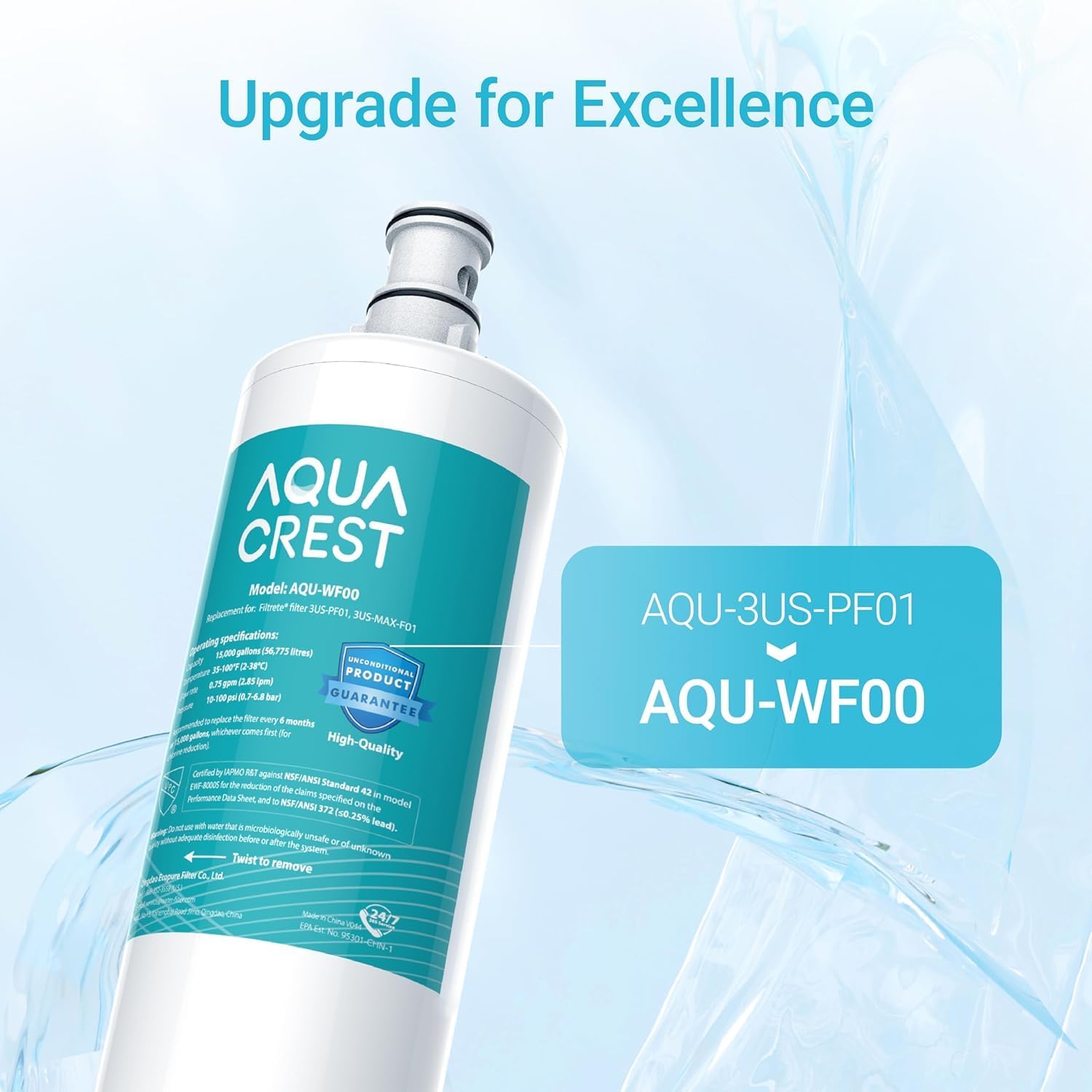 AQUACREST 3US-PF01 Under Sink Water Filter, NSF 42 Certified Replacement for Advanced 3US-PF01, 3US-MAX-F01H, 3US-PF01H, Delta RP78702, Manitowoc K-00337, K-00338 Water Filter (Pack of 2)