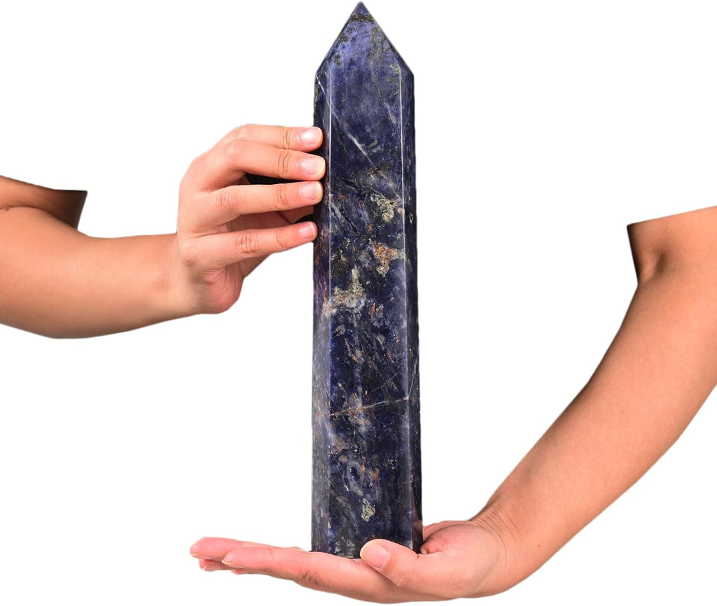 JIC Gem Extra Large Blue Sodalite Healing Crystal Wand 6 Faceted Blue Quartz Crystals Obelisk Tower Points Crystals Decor Reiki 4.0-4.4 Lbs