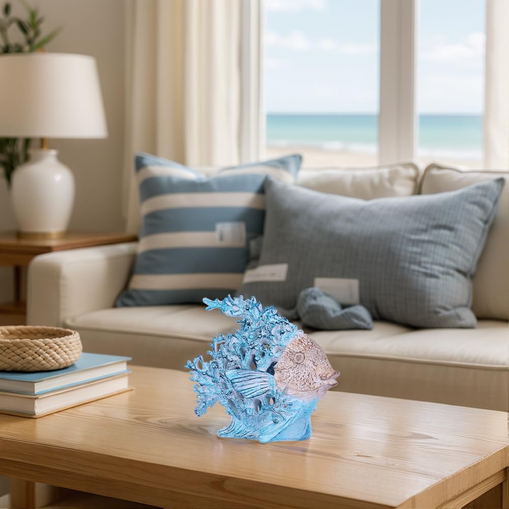 Coastal Angelfish Figurine – 7.3in Turquoise Coral Reef Fish Statue, Nautical Ocean Decor for Bathroom, Living Room, Office, Shelf or Coffee Table – Beach House Gift Accent
