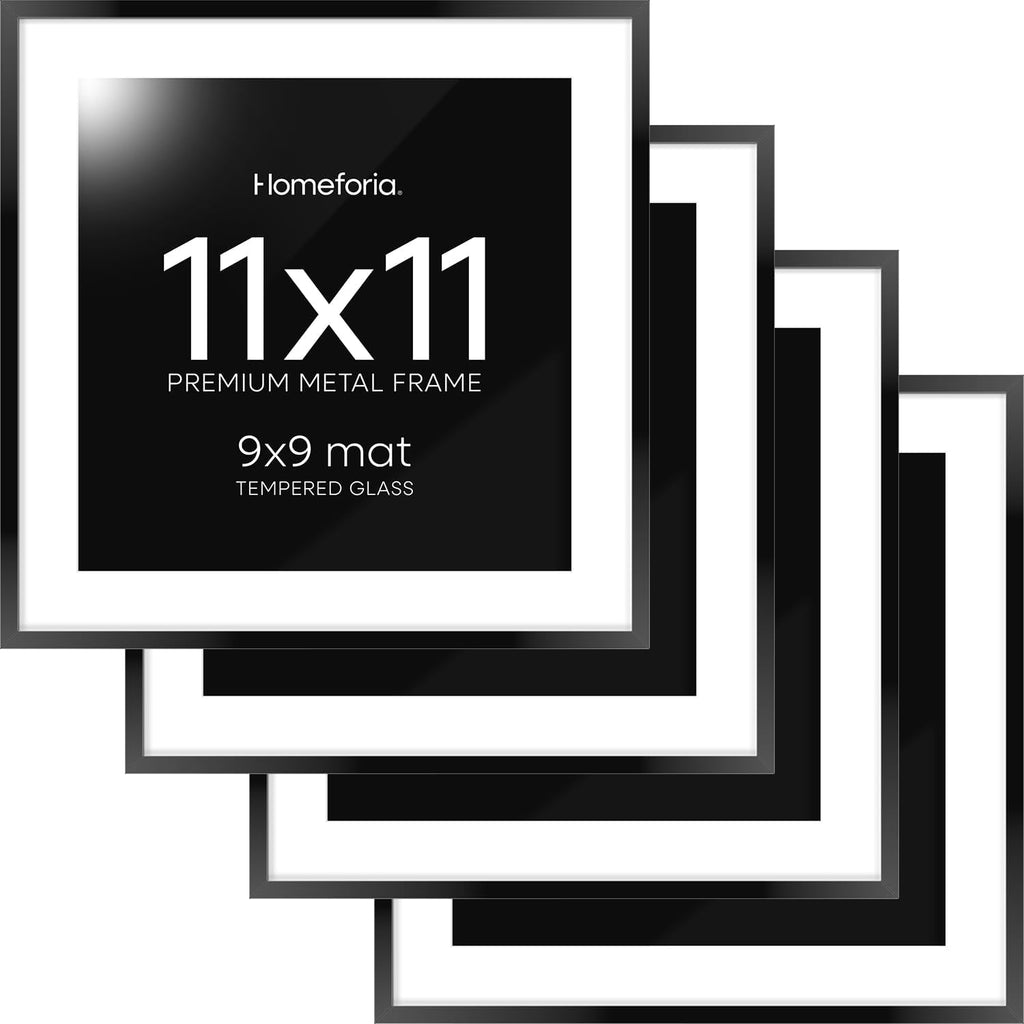 Homeforia 11x11 Picture Frame Black, High End Metal 11 by 11 Square Frames with Mat 9 x 9 Opening, 11by11 Poster Frames Matted to 9x9 inch Photo, Wall Hanging Frame, Tempered Glass, Wall Kit, Set of 4