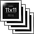 Homeforia 11x11 Picture Frame Black, High End Metal 11 by 11 Square Frames with Mat 9 x 9 Opening, 11by11 Poster Frames Matted to 9x9 inch Photo, Wall Hanging Frame, Tempered Glass, Wall Kit, Set of 4