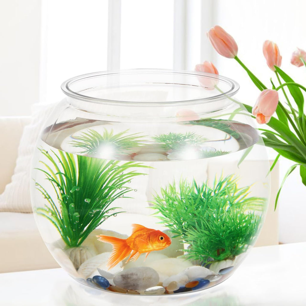 POPETPOP Plastic Fish Bowl : Round Fish Tank Clear Goldfish Bowl Small Desktop Aquarium for Home Office, 8.65X8.65X6.88in