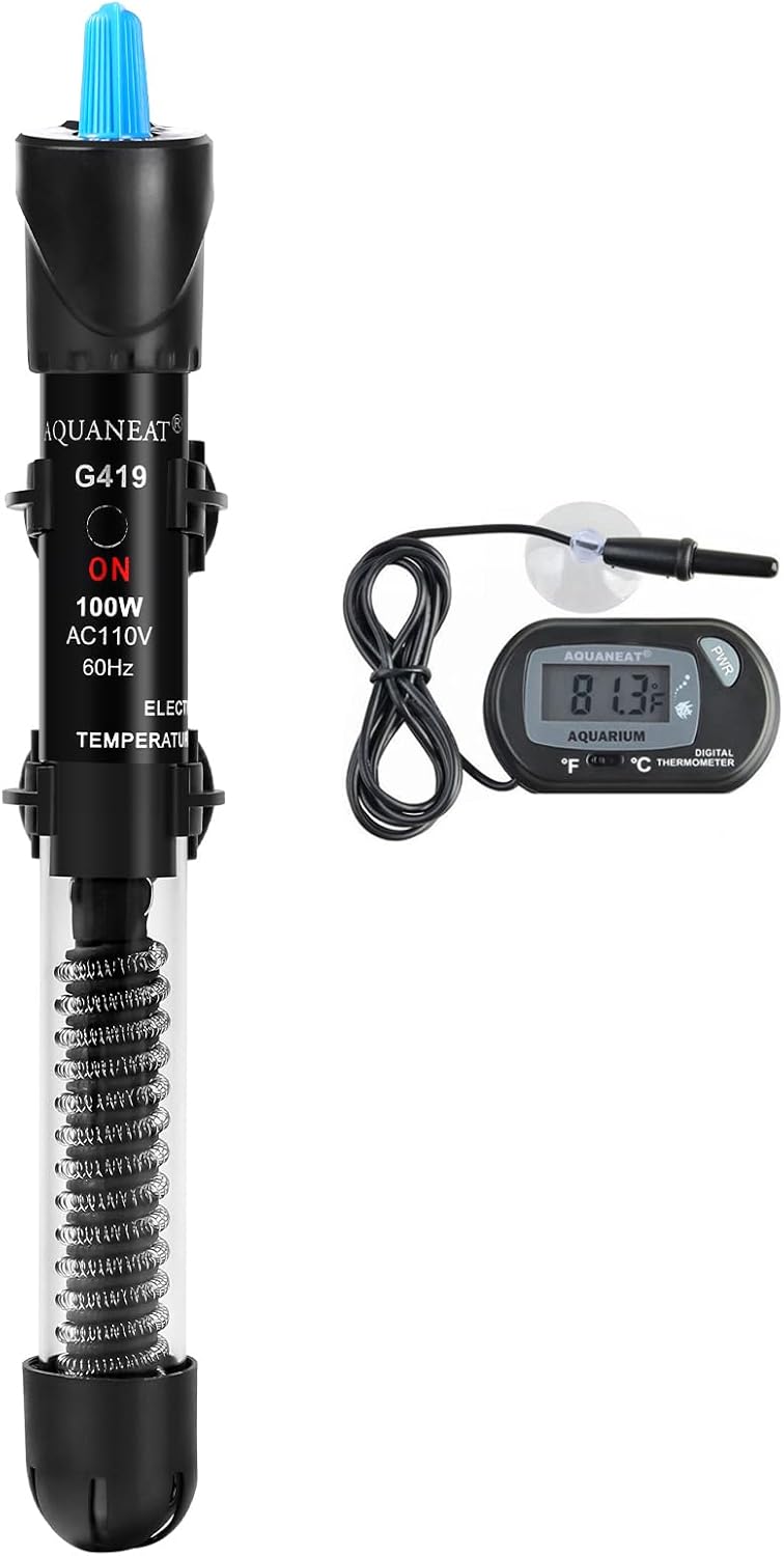 AQUANEAT Aquarium Heater, 100W Fish Tank Heater, Adjustable Submersible Water Thermostat with Digital Thermometer