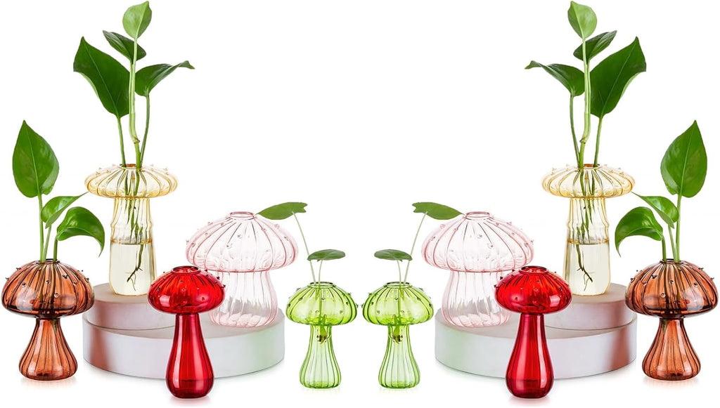 Mushroom Jars for Plants, Hewory 10pcs Colored Glass Mushroom Bud Vase for Flower, Unique Plant Propagation Stations Propagating Vases Decor, Mini Cute Hydroponic Terrarium Planter for Indoor Planters