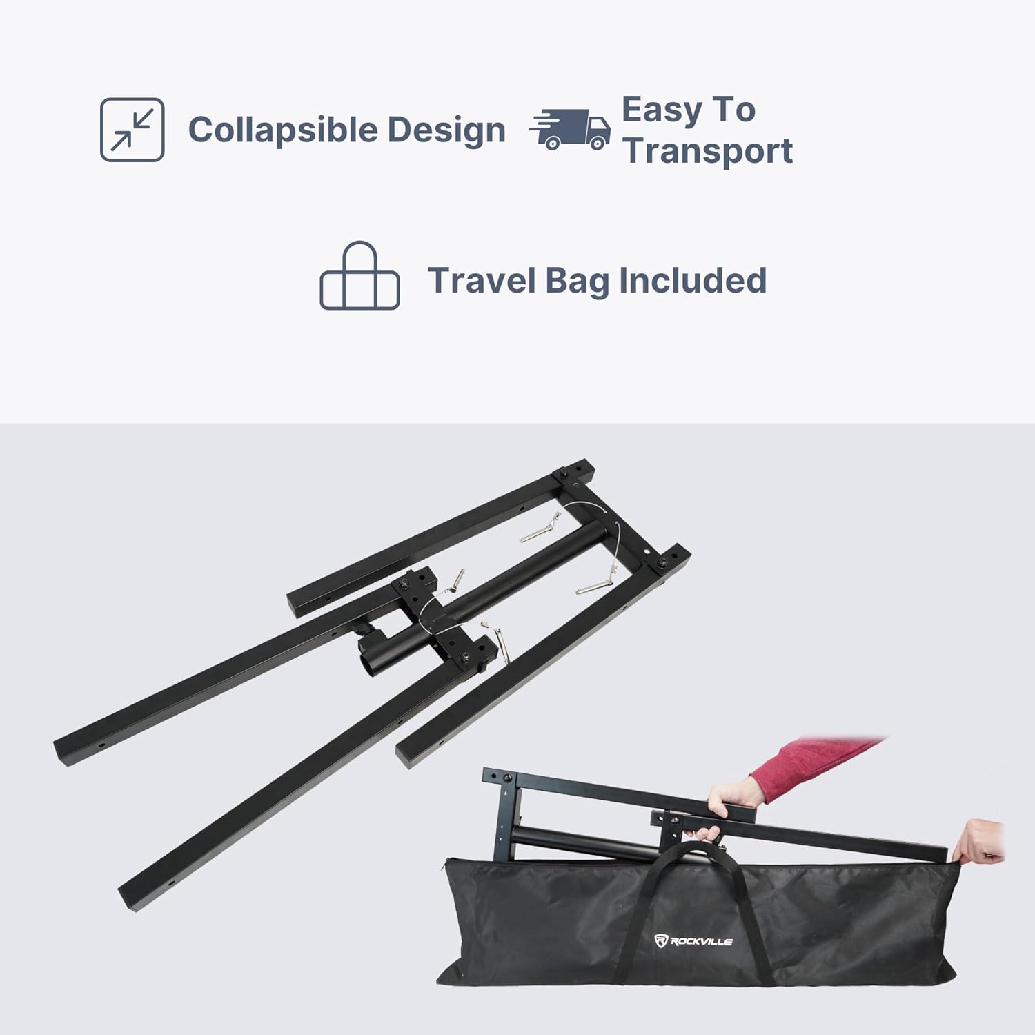 Rockville ACC-T Collapsible Tree Bar Accessory, Heavy-Duty Steel, 8 Mounting Points, 200 lb Load Capacity, 48" Wide, Includes 21" Extension Pole & Travel Bag, Perfect for DJ Lighting & Event Setups