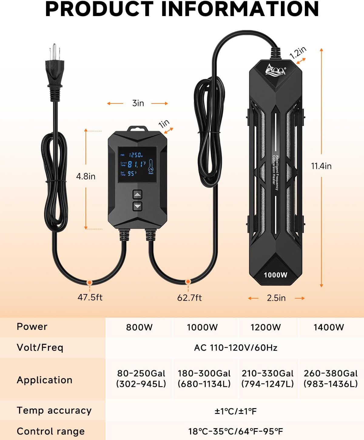 AQQA Aquarium Heater 800W/1000W/1200W/1400W Fish Tank Heater with LED Digital Display 110-120V Submersible No Pond Heaters with Overheat & Dry-Out Protection for Freshwater & Saltwater Tanks (800W)