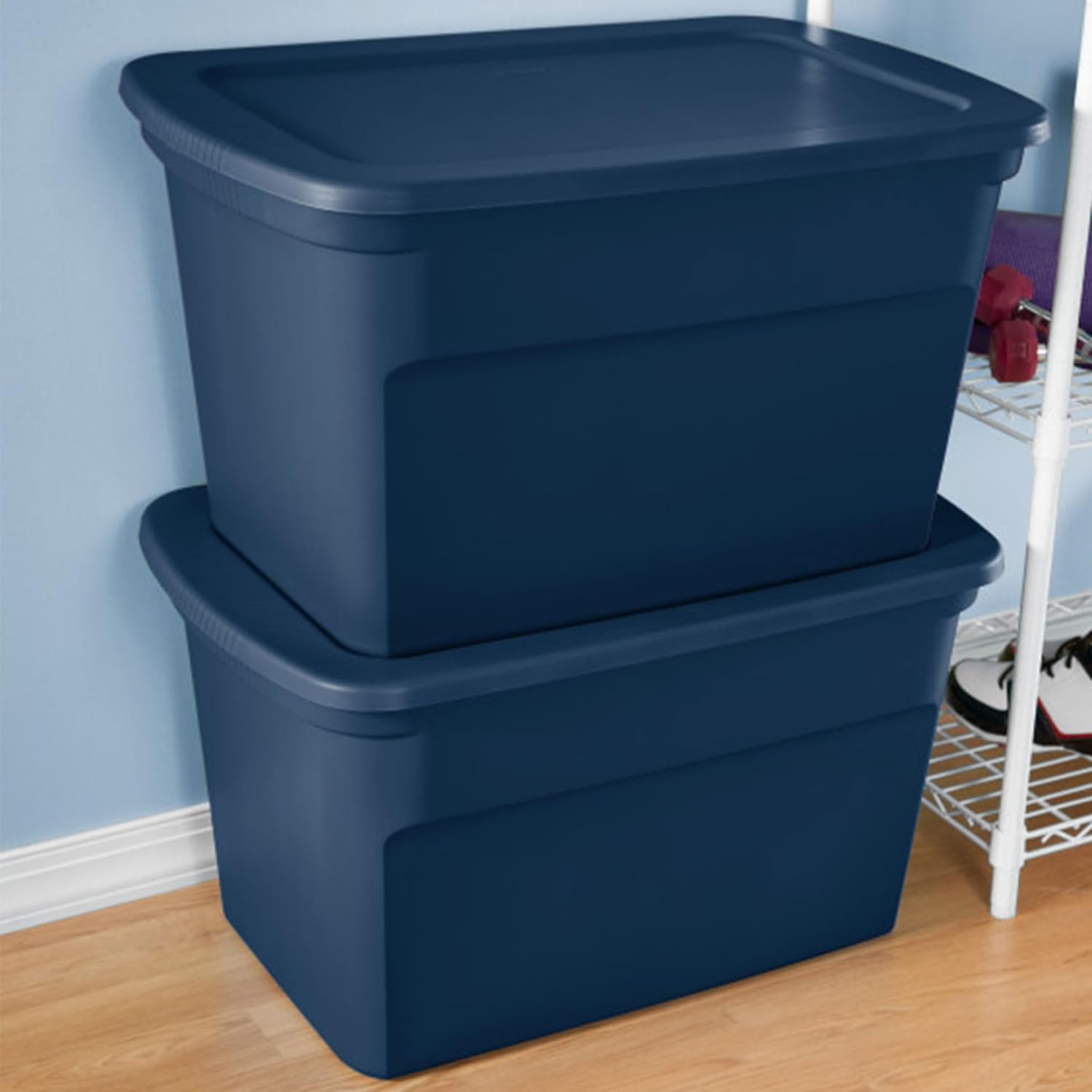 Sterilite 18-Pack Tote, Plastic Storage Bins with Snap Lids, 30 Gallon, Marine Blue - Stackable Home Organizers with In-Molded Handles for Bedroom, Garage, Basement and Attic