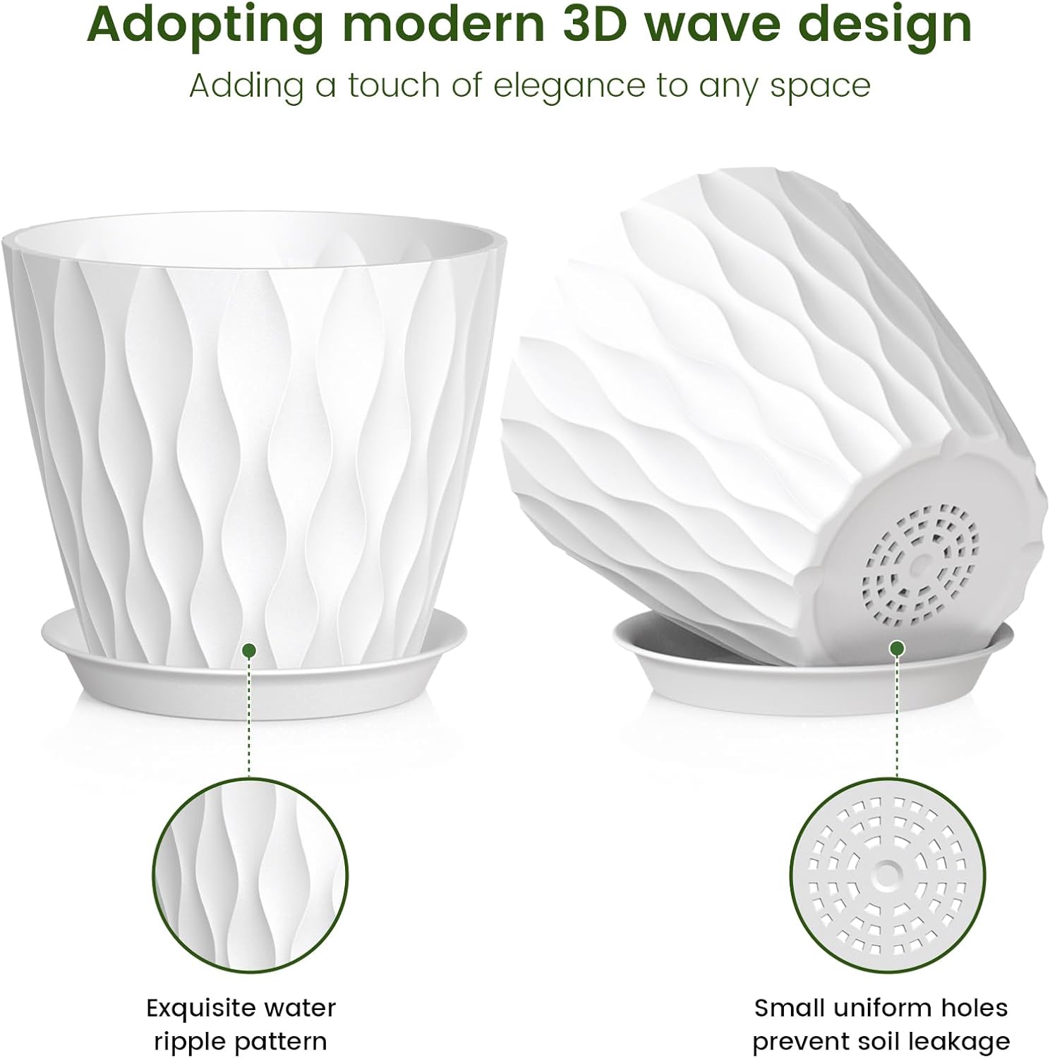 7 inch Plant Pots for Indoor Outdoor Plants, 5 Pack Thick Nursery Pots with Drainage Holes and Saucers, 3D Modern Wave Texture Plastic Planter Pots for Flowers and House Plants, White