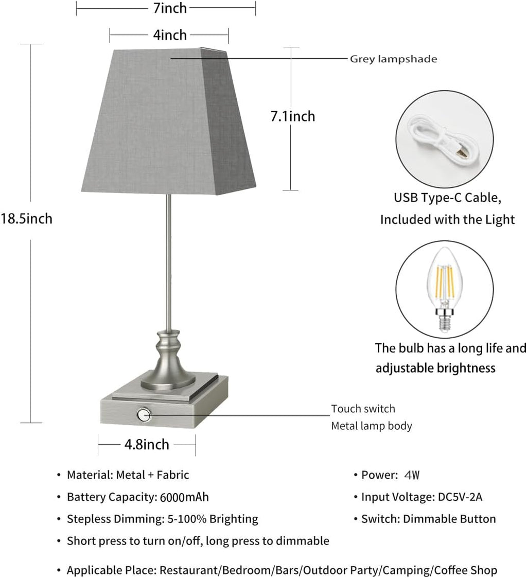 Rechargeable LED Table Lamps with Stepless Touch Control,Sliver Cordless Lamp for Living Room&Bedside&Patio&Shower,Small Desk Lamp(6000mAH Battery),2 Pack for Home Decor,Best Gifts for Family