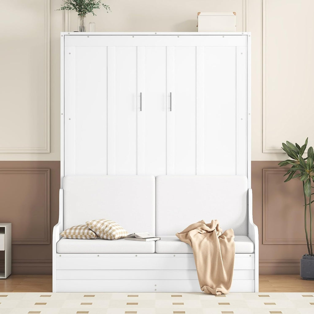 MERITLINE Queen Murphy Bed with Sofa,Wood Folding Murphy Wall Bed Cabinet with Couch (White)