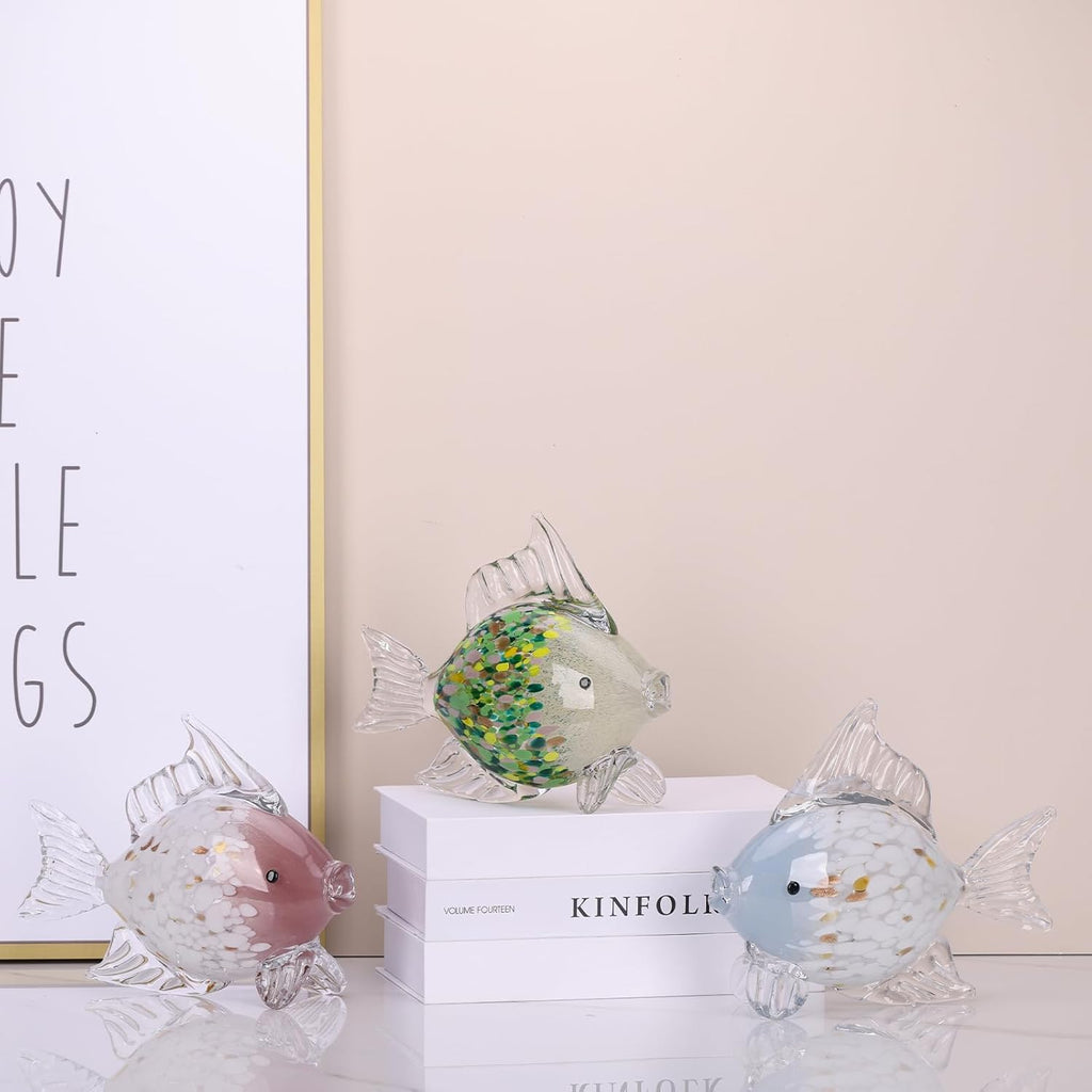 Large Hand Blown Glass Fish Figurines, Aquarium Sea Glass Art, Pink Fish Statue Sculpture Modern Coastal Accent - for Beach Knick Knacks, Coffee Tables, Nautical Offices Centerpiece
