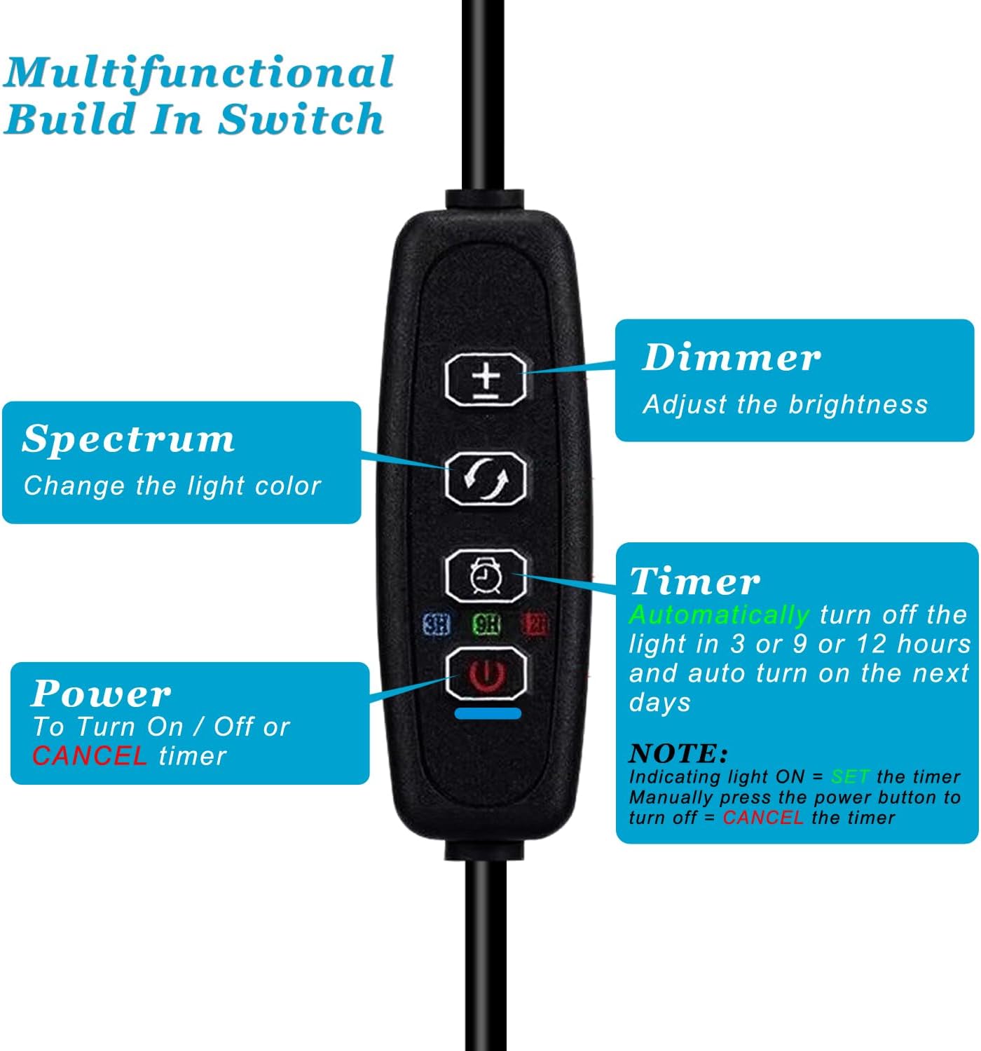 DOMICA Clip On Aquarium Light with Timer for 3 to 8 Gal Fish Tank (Dimmable Full Spectrum LED) USB Moving Lamp for Open Terrarium (Adapter NOT Included), Black, DM-USBLIGHT+T02