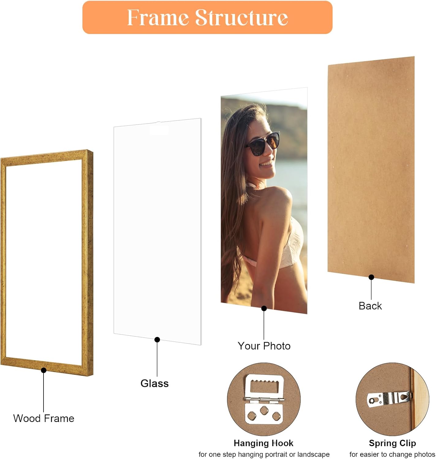 Wood 8x10 Frame Set Gold, Ornate Natural Wooden 10x8in Picture Frames, Modern Golden 8 x 10inch Gallery Photo Pic Frame with HD Plexiglass, Horizontal Vertical Wall Mounting Tabletop Display 1Pcs